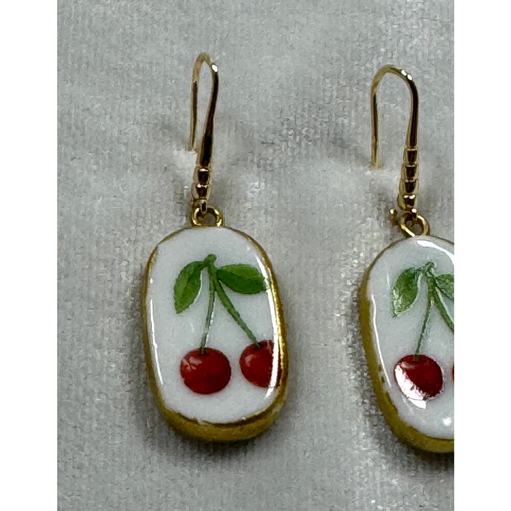 Cherry Ceramic Dangle Earrings Gold Tone Fruit Earrings Cute Cottagecore E278 - Picture 2 of 4